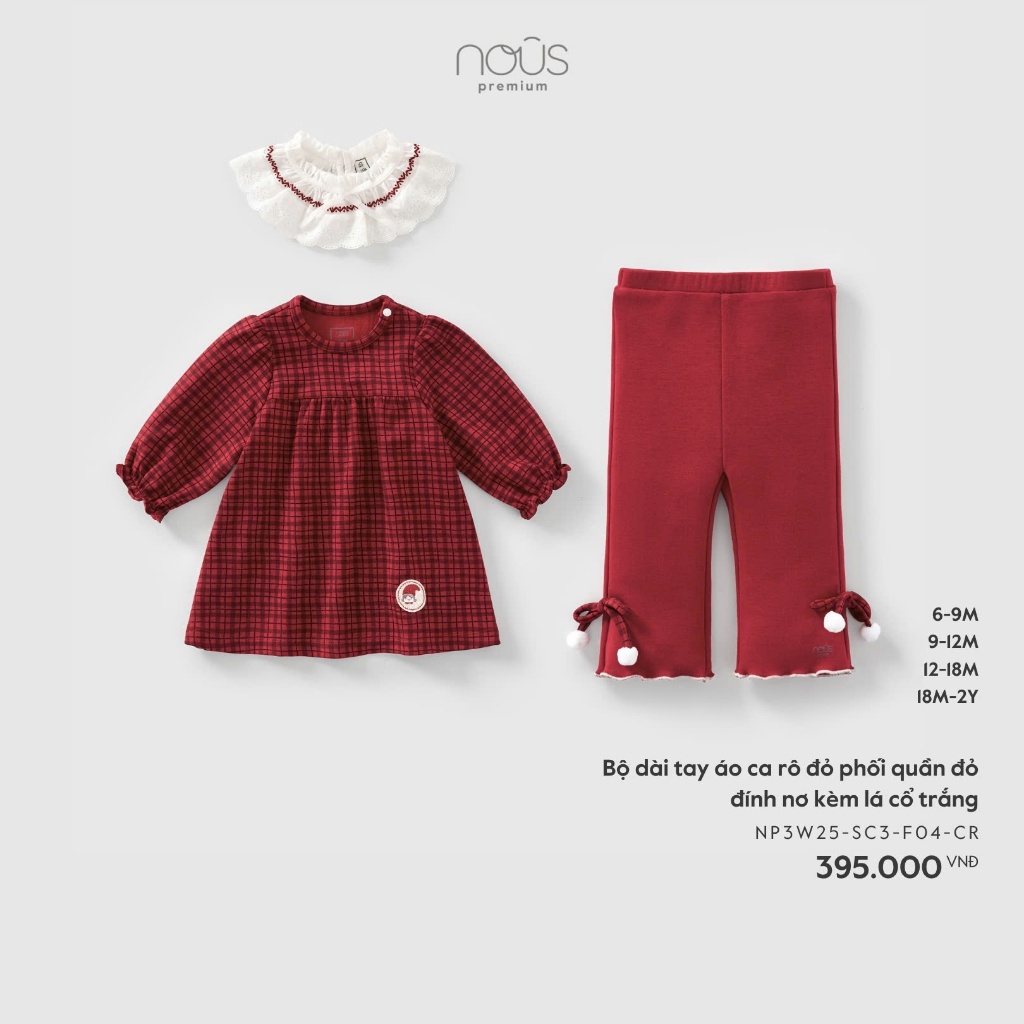 [Nous] (6M-3Y) Noel 2025- Bộ dài tay Nous áo ca rô đỏ phối quần đỏ đính nơ kèm lá cổ trắng cho bé