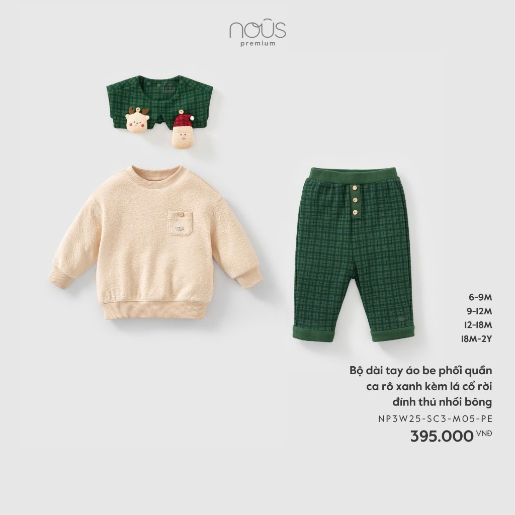 [Nous] (6M-2Y) Noel 2025 Bộ dài tay Nous áo be phối quần ca rô xanh kèm lá cổ rời đính thú nhồi bông