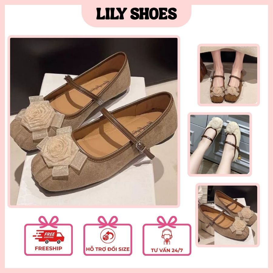 Giày Búp Bê Nữ Da Lộn Gắn Nơ Hoa, Giày Búp Bê Nữ - N41