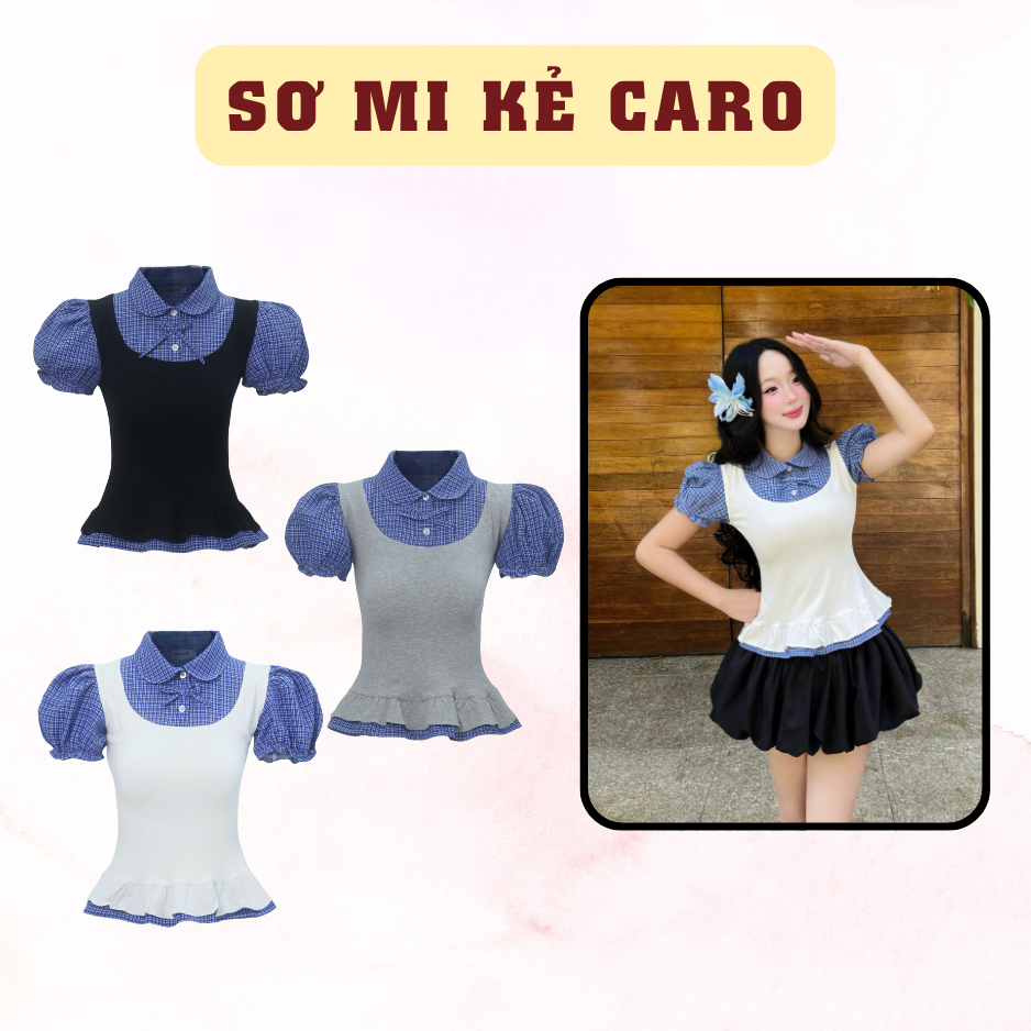 Áo Thun Phối Sơ Mi SAIGONESE Tay Phông Hoạ Tiết Caro Thun Cotton Form Chiết Eo Nữ - A05SP | BigBuy360 - bigbuy360.vn