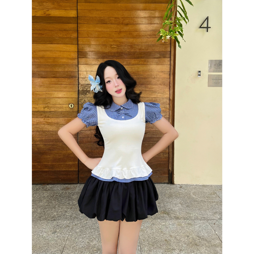 Áo Thun Phối Sơ Mi SAIGONESE Tay Phông Hoạ Tiết Caro Thun Cotton Form Chiết Eo Nữ - A05SP | BigBuy360 - bigbuy360.vn