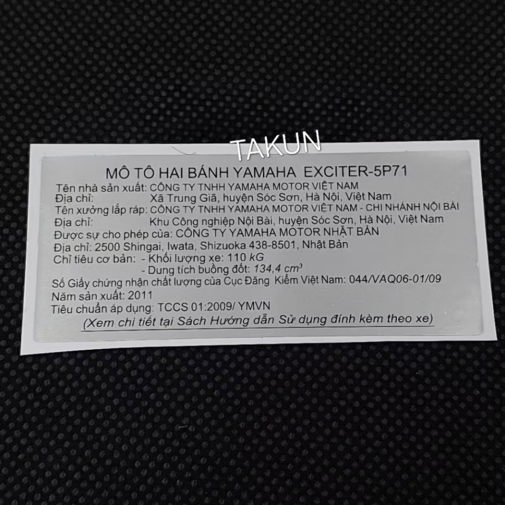 Tem dán càng gắp, gấp EXCITER 2011. 5P71, Tem thông số năm Sản xuất 135