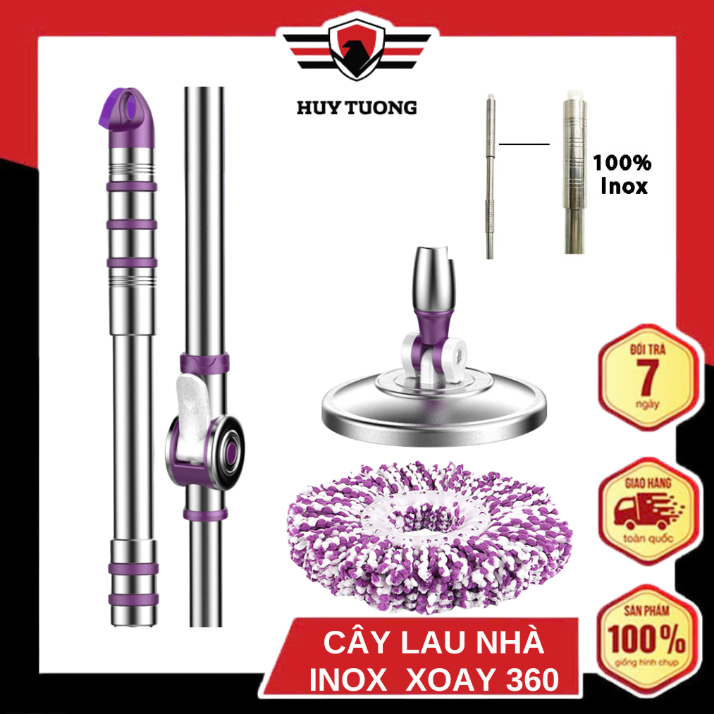 [Top Value]Cây lau nhà 360 độ inox thái lan tay gạt G7 kèm bông lau nhà, chổi lau nhà thông minh bông tròn