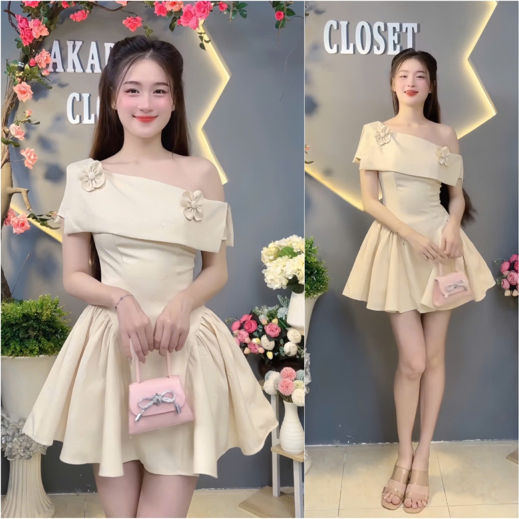 Đầm Lệch Vai Dự Tiệc Hoa Dập Nổi Y71 2 dáng ngắn dài tôn eo - Akara Closet
