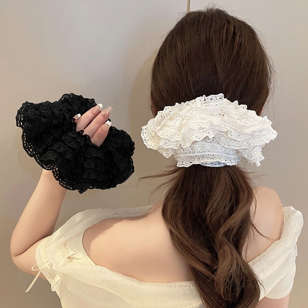 Buộc Tóc Scrunchies ren trắng đen nhiều tầng, cột tóc