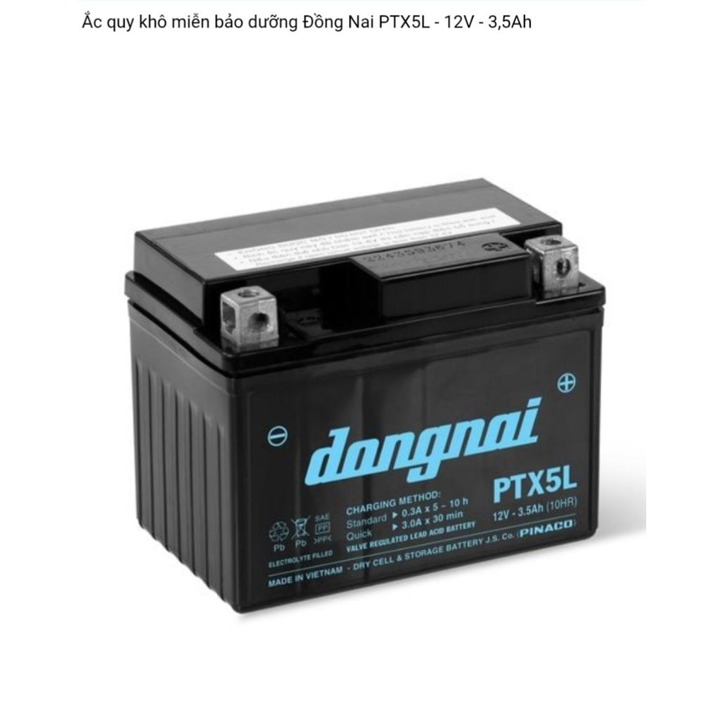 Bình acquy xe máy khô miễn bảo dưỡng Đồng Nai PTX5L | 12V - 3.5Ah, ắc quy xe máy honda 12v.