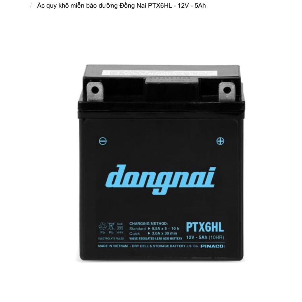 Bình acquy xe máy khô miễn bảo dưỡng Đồng Nai PTX6HL | 12V - 5Ah, bình ắc quy xe máy honda 12v.