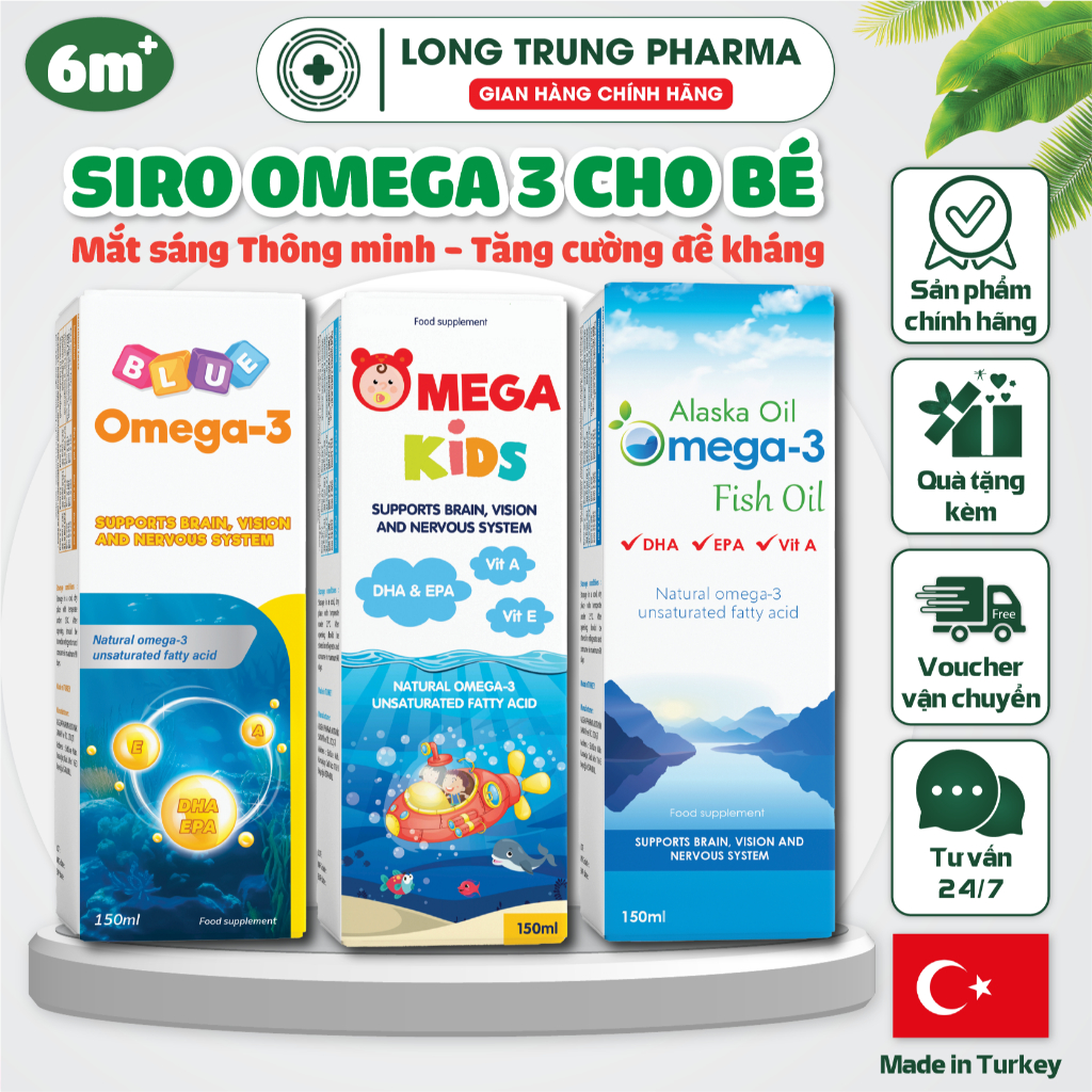 BLUE OMEGA 3, Omega Kids, Alaska Oil Omega-3 Fish Oil, Dầu Cá Giàu DHA Giúp Bé Phát Triển Não Bộ, Th