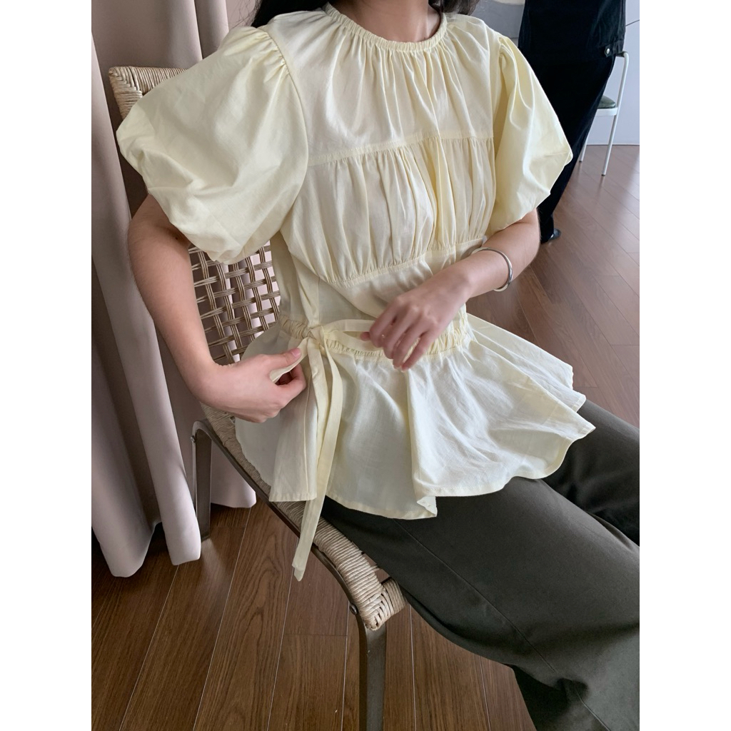 DOB - Áo kiểu linen tay phồng rút eo dáng peplum | Eunbi Top | | BigBuy360 - bigbuy360.vn