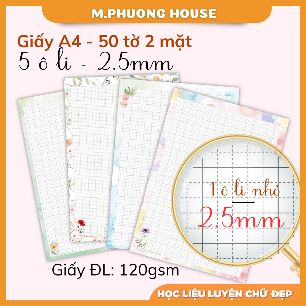 Giấy hoa 2.5mm luyện viết và thi chữ đẹp (50 giấy 2 mặt = 100trang)