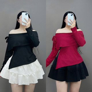  Set tiểu thư bigsize nữ áo trễ vai tay dài chất vải tăm mềm mịn kèm chân váy xòe chất xốp đũi thời trang xinh SET942 