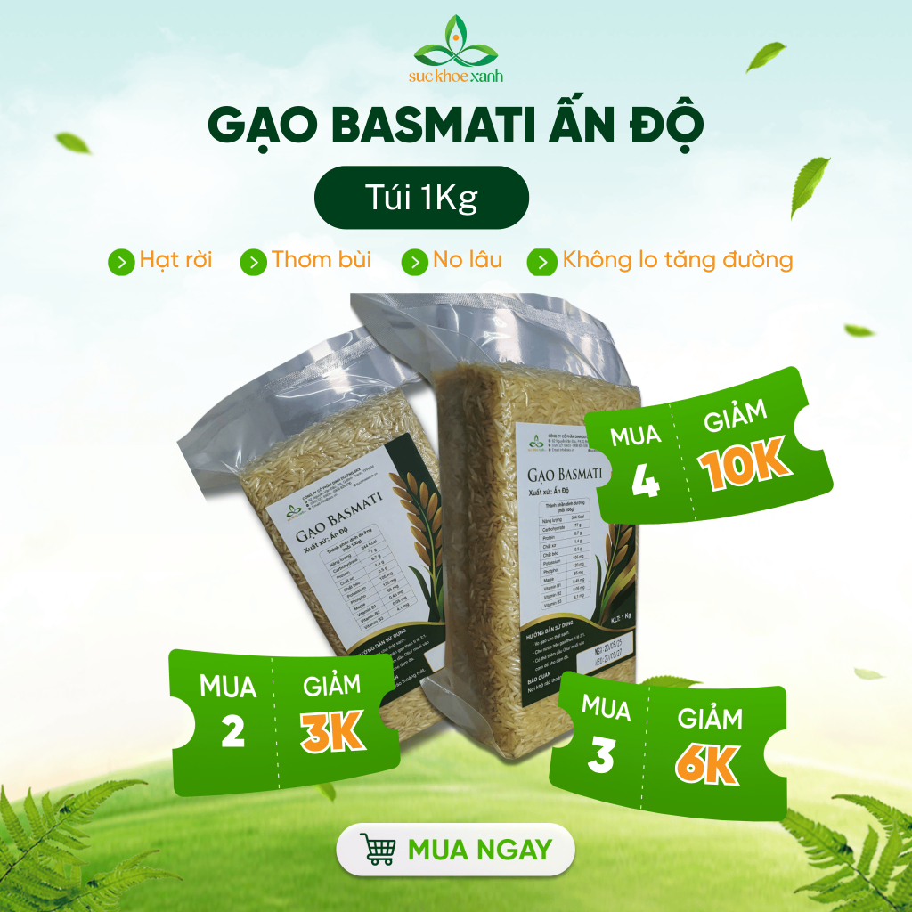 Gạo Basmati Ấn Độ Túi 1Kg Sức Khỏe Xanh – Hạt Dài Thơm Đặc Trưng – Phù Hợp Giảm Cân, Tốt Cho Tim Mạch