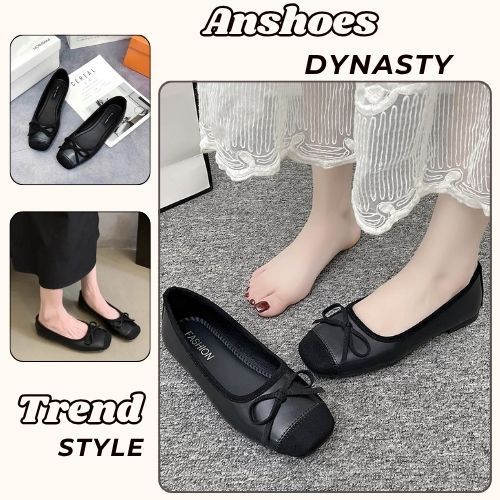 Giày Búp Bê Nữ, Giày Nữ Búp Bê Nơ Vá Mũi Dễ Thương Tiểu Thư Màu Đen N07 || AnshoesDynasty