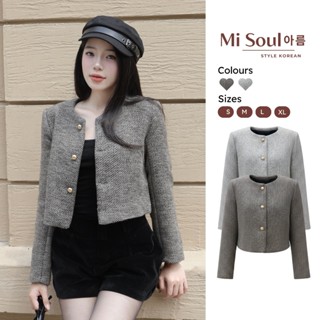  Áo Dạ Tweed Nữ Dáng Ngắn Croptop Cổ Tròn Sang Chảnh 494 MiSoul BigSize Áo Khoác Dạ Kẻ Xương Cá 2 Lớp Có Đệm Vai 