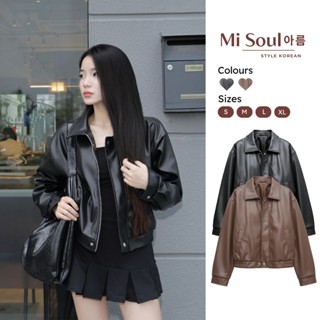  Áo Da Nữ Bomber Cổ Bẻ Bo Gấu Dáng Lửng MiSoul Áo Khoác Da Bo Chun Croptop BigSize Túi Cơi Bên Sườn 483 