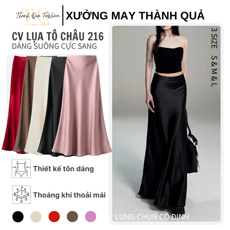 Chân Váy Lụa Tô Châu Dáng Suông Dài Chữ A Xòe Cạp Trễ Lưng Chun Bên Trong, Kiểu Dáng Midi - TQ216