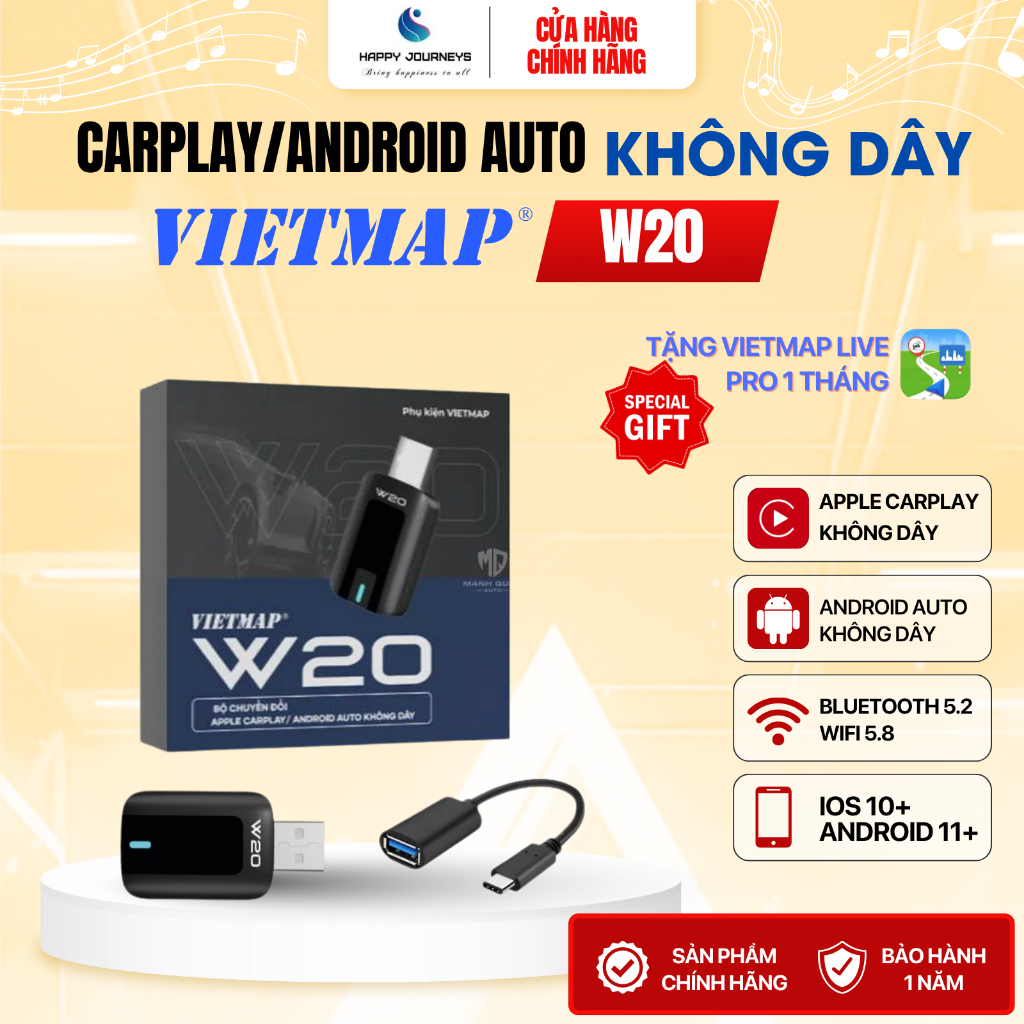 VIETMAP W20 - THIẾT BỊ CHUYỂN ĐỔI CARPLAY/ ANDROID AUTO KHÔNG DÂY TẶNG VIETMAP LIVE 1 THÁNG