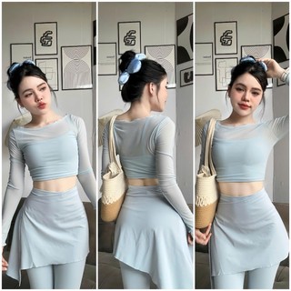  Đồ tập Gym -Yoga-Aerobic- Pilates Quần Loe Kèm Vạt Áo Tay Dài Phối Lưới Quảng Châu   có tách lẻ  
