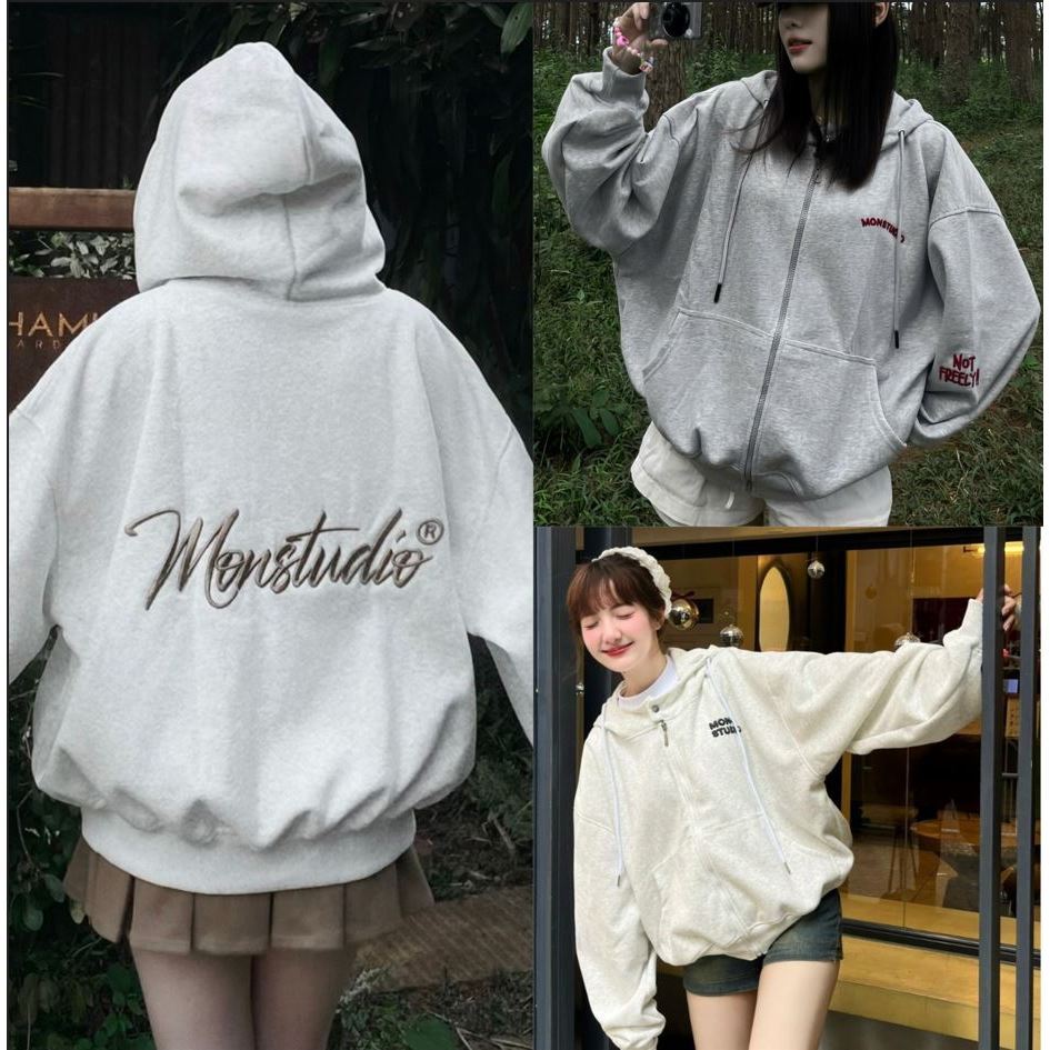 Áo Khoác Hoodie Zip Boxy MonStudio Vải Nỉ Dày Chữ Thêu Nổi Phong Cách Streetwear