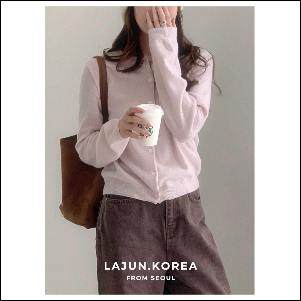 [LAJUN KOREA] Áo Cardigan Pecan 60% Wool Tay Dài Cổ Tròn Chất Mềm Nhẹ Hàn Quốc