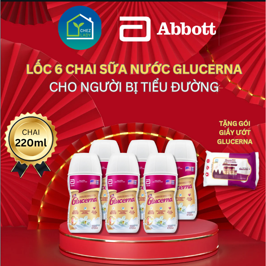Lốc 6 chai sữa nước Abbott  Glucerna  220ml cho người tiểu đường - Date mới - TẶNG GIẤY ƯỚT GLUCERNA