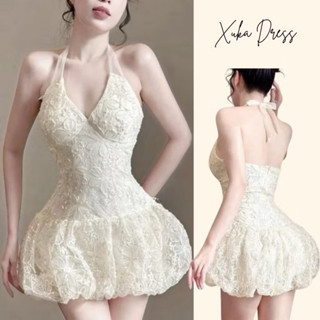  Đầm ren cúp ngực cổ yếm xòe phồng bayby doll hở lưng dự tiệc sang chảnh Xukadress 