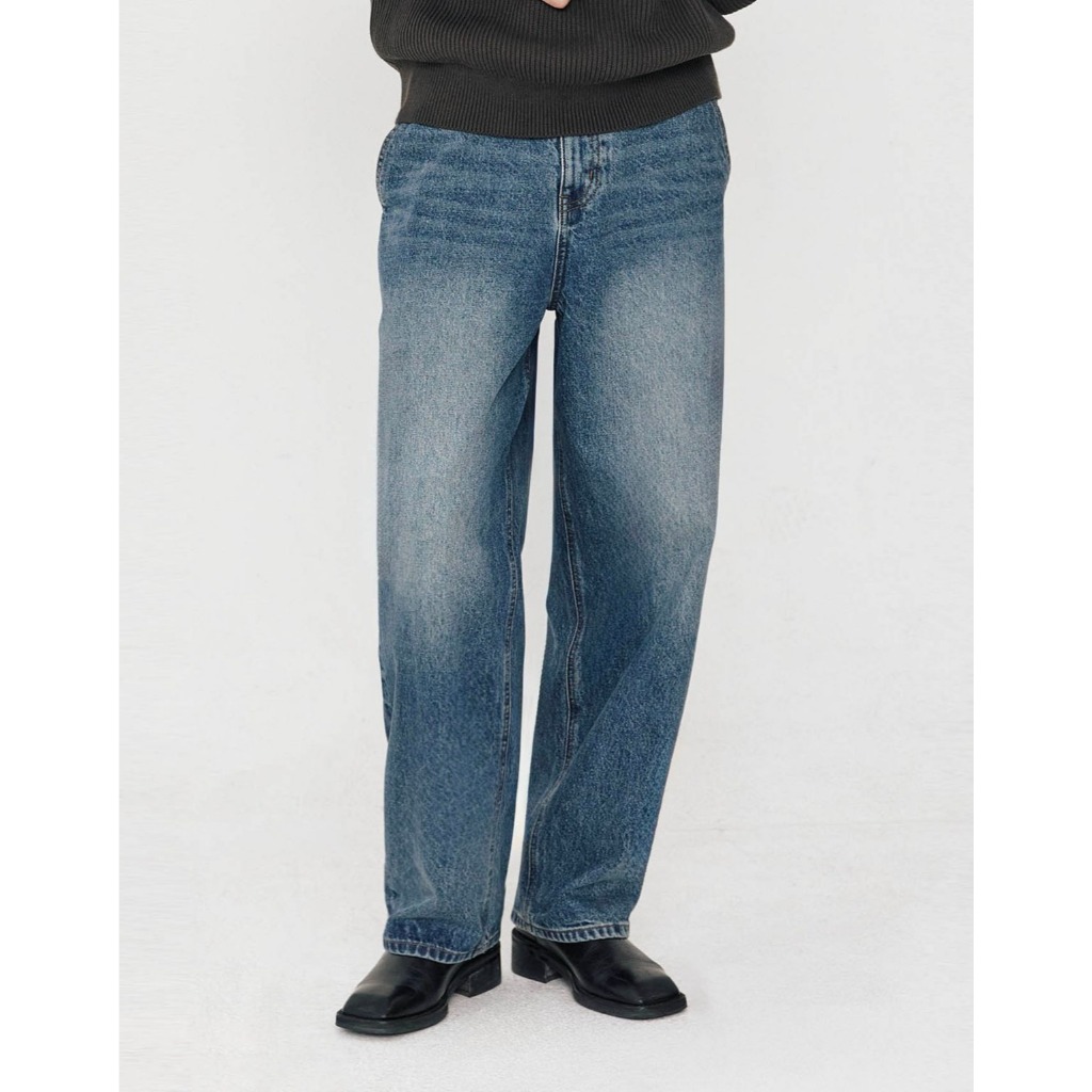 Quần Jean Quần Bò Nam GIORDANO Ống Rộng, Dáng Suông, Washed - Xanh Vừa Medium Indigo - Barrel Wide D