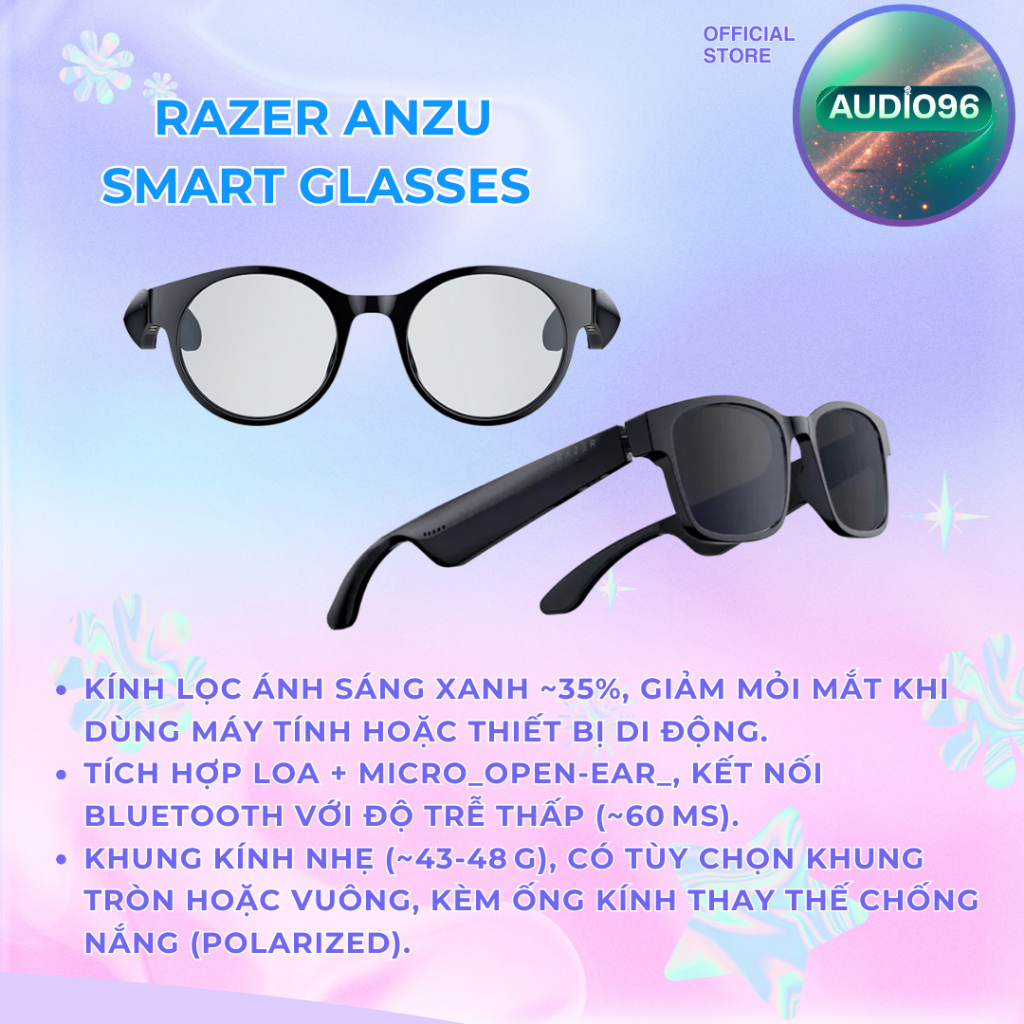 Kính Thông Minh khung tròn/vuông Razer Anzu Smart Glasses Blue Light - Chính Hãng