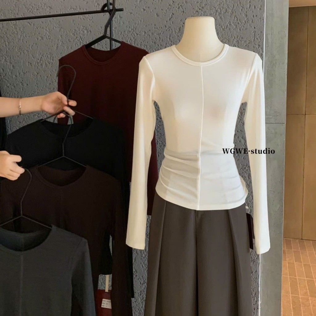 Áo thun trơn cổ tròn tay dài WGWE phong cách Hàn Quốc 7435