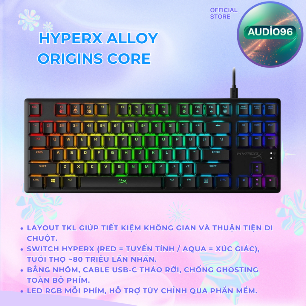 Bàn phím cơ HyperX Alloy Origins Core TKL RGB Aqua/Red Switch 99%
