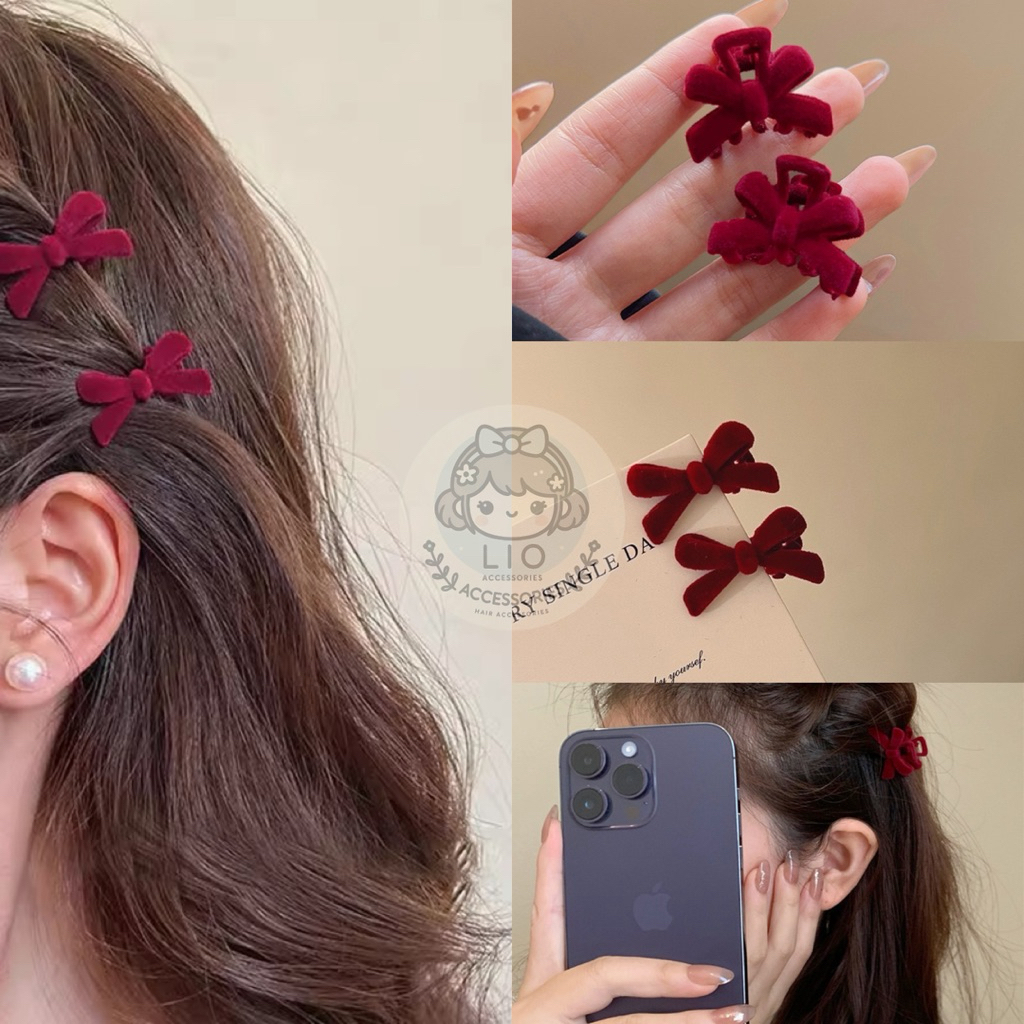 Combo 2 Kẹp Tóc Càng Cua Mini Lio Phủ Nhung Hình Nơ Đỏ Đen Sang Trọng Đi Chơi Tết