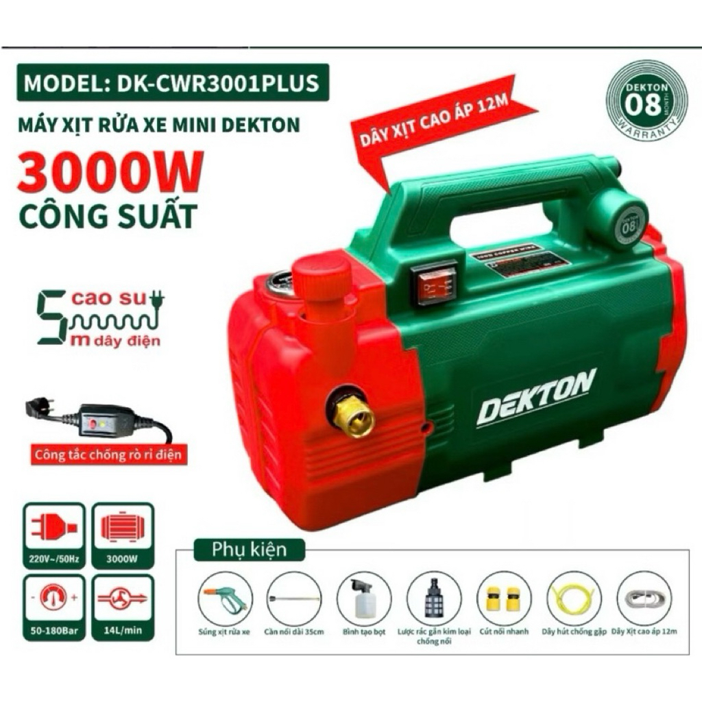 Máy Xịt Rửa Xe Có Chỉnh Áp Chống Giật DEKTON DK-RX3001PLUS/ Công Suất 3000W