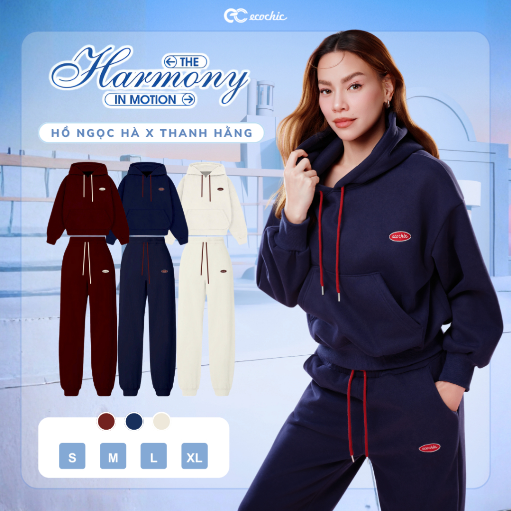 Set Bộ Nỉ Lông Nhung ECOCHIC Áo Hoodie Phối Quần Ống Bo Dây Rút Logo Thêu Chất Liệu Cao Cấp Chính Hã