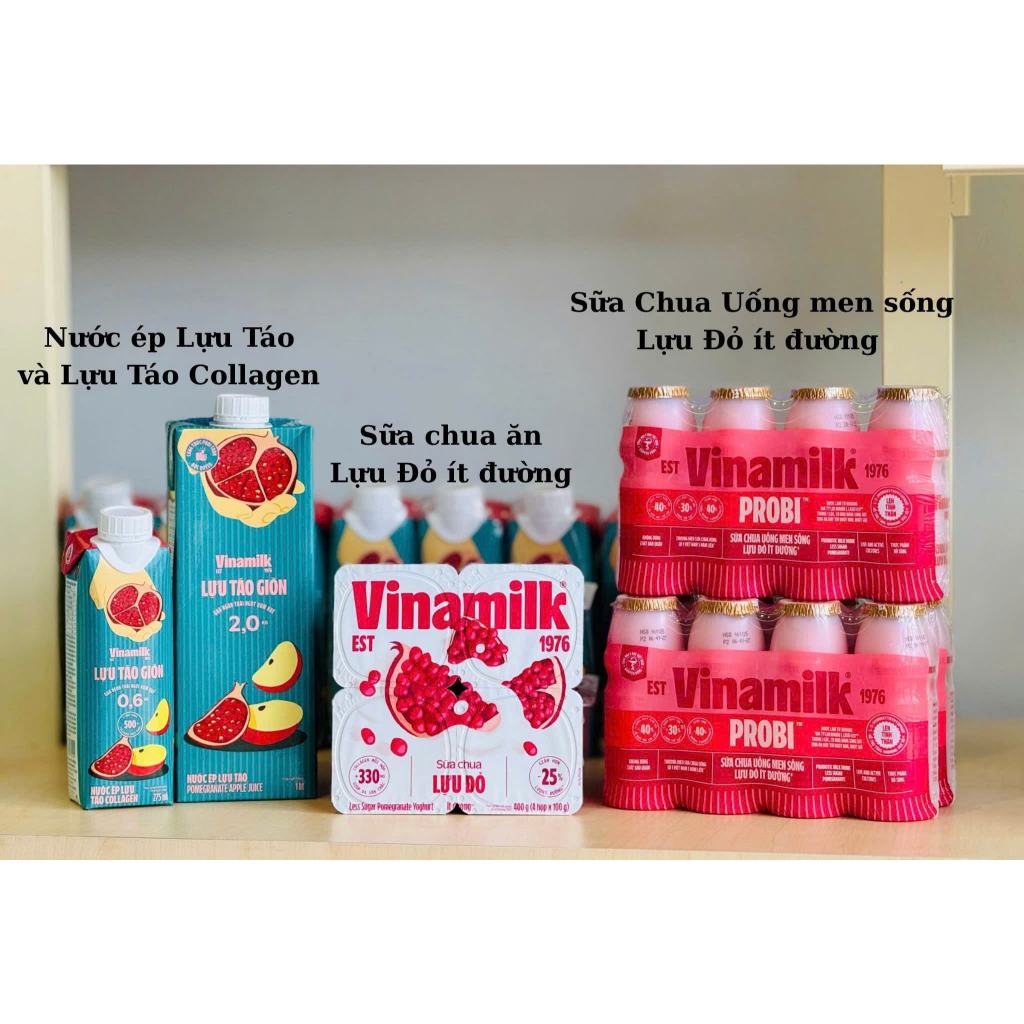 COMBO 3 Vinamilk Lựu Đỏ Đủ Loại (Sữa Chua Ăn, Sữa Chua Uống Probi, Nước Ép Táo) - Bổ Sung Collagen, 