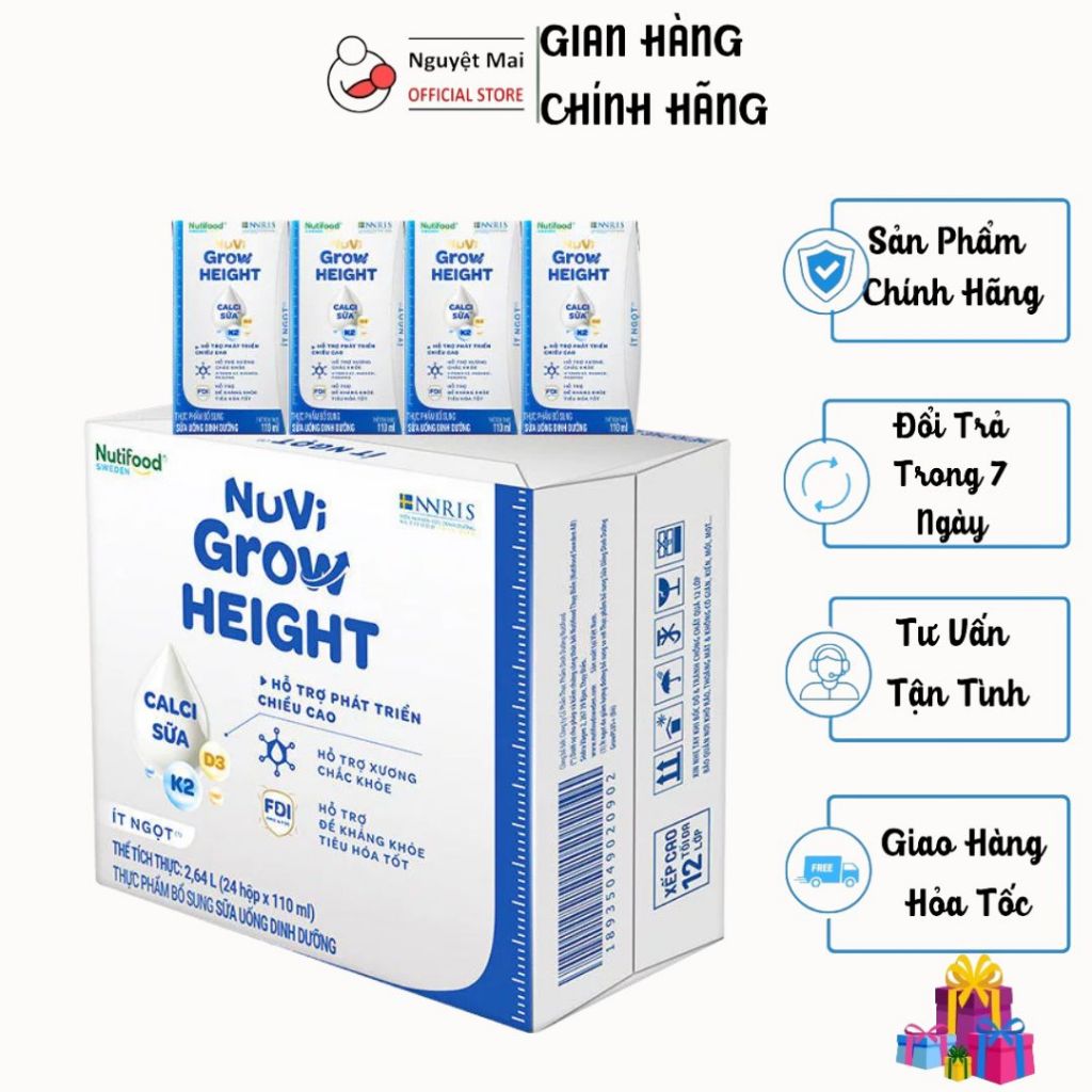Thùng 24 hộp Sữa bột pha sẵn Nuvi Grow Height hộp 110ml/180ml, hỗ trợ tăng chiều cao, cân nặng