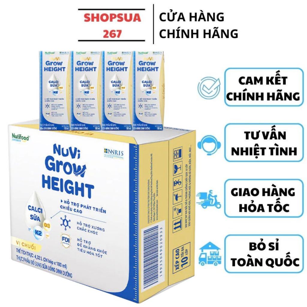 Thùng 24 hộp SBPS Nuvi Grow Height vị chuối 1+ hỗ trợ phát triển chiều cao hộp 110/180ml