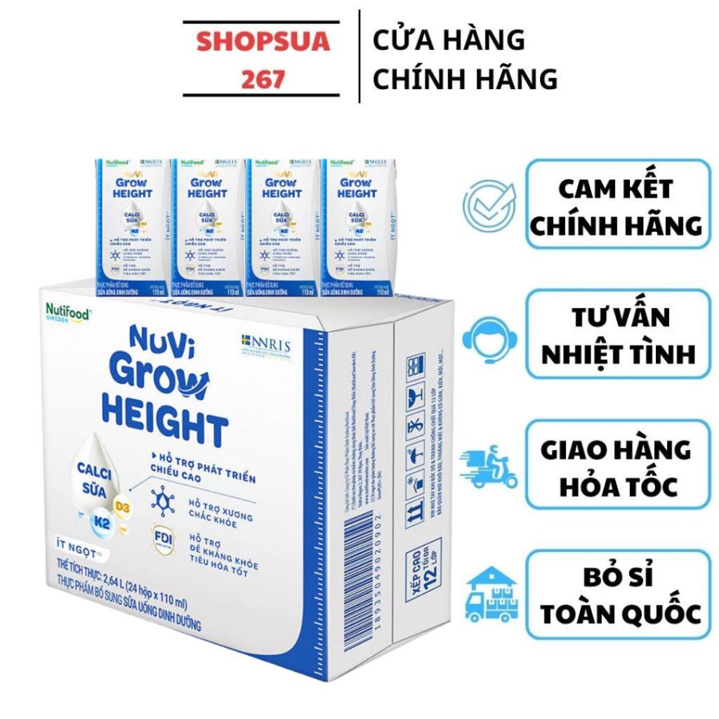 Thùng 24 hộp Sữa bột pha sẵn Nuvi Grow Height hộp 110ml/180ml, hỗ trợ tăng chiều cao, cân nặng
