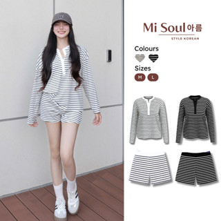  Set Bộ Đùi Kẻ Ngang Cúc Cổ Dài Tay MiSoul BigSize Đồ Bộ Quần Short Nữ Cạp Cao Chất Cotton Thu Đông Form Rộng 492 