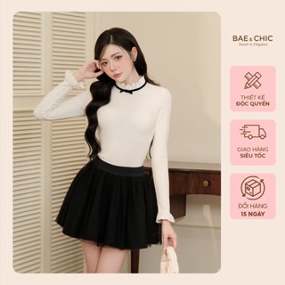 Áo thun tăm tay dài cổ bèo Bae Chic phối nơ đen nữ tính áo giữ nhiệt thiết kế tiểu thư AB123 