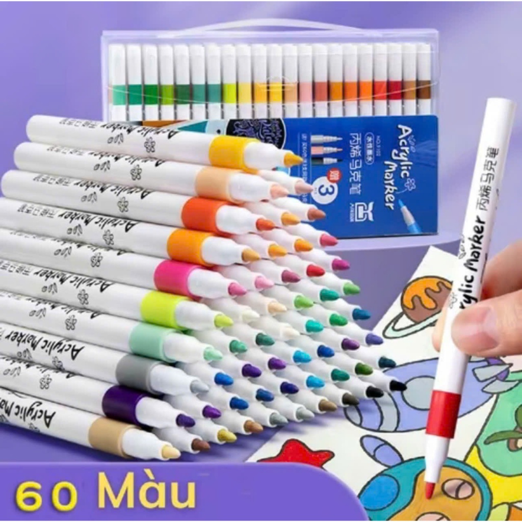 Bút Màu Acrylic Marker 12/24/36/48/60/80 Màu, Màu Sắc Tươi Sáng, Khô Nhanh, Vẽ Được Trên Nhiều Chất 