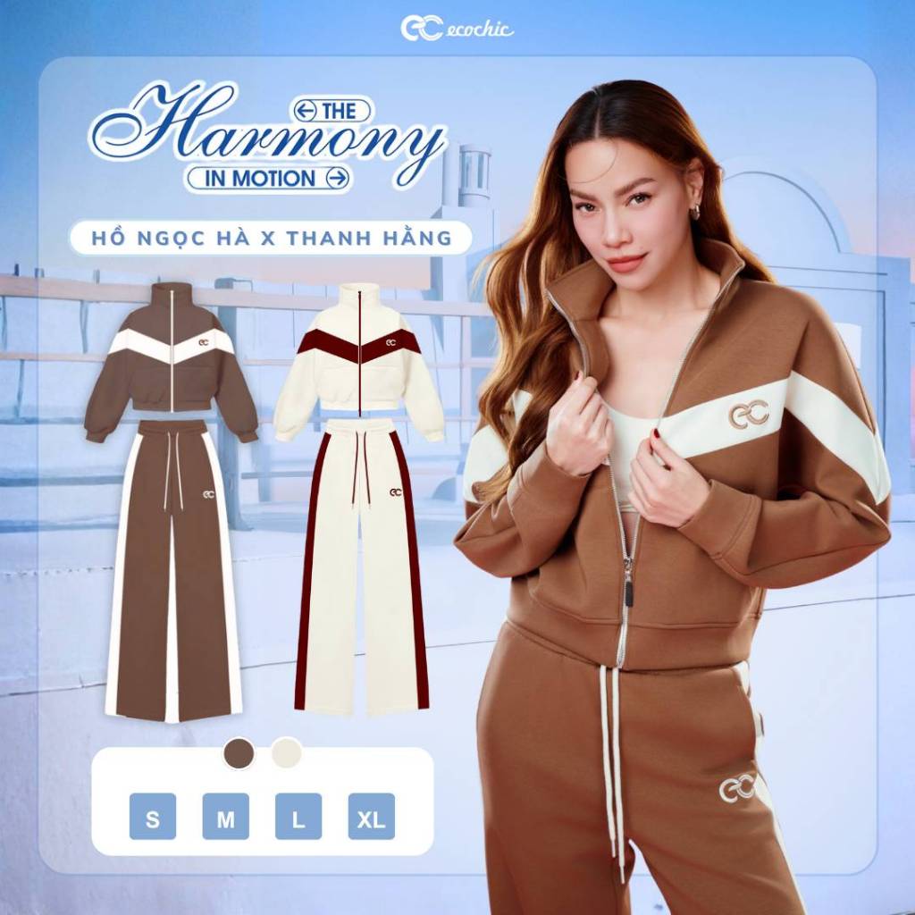 (Tặng nước hoa) Set Bộ ECOCHIC Áo Nỉ Mịn Phối Line Trước Ngực Quần Suông Viền Trắng Cao Cấp Chính Hã