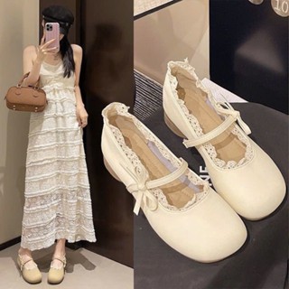 Giày búp bê đế bệt da mềm Jocé giày búp bê phối ren quai ngang gắn nơ tiểu thư xinh xắn cho nữ