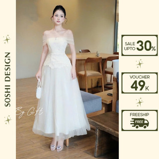  Đầm trễ vai ren chân váy phối lưới xòe 2 lớp Váy thiết kế dự tiệc tiểu thư sang chảnh nhẹ nhàng trắng kem 