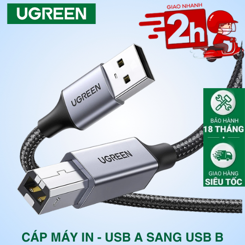 Cáp máy in USB A sang USB B 2.0 UGREEN sử dụng cho máy Fax, máy in dài 1-5m Chính Hãng