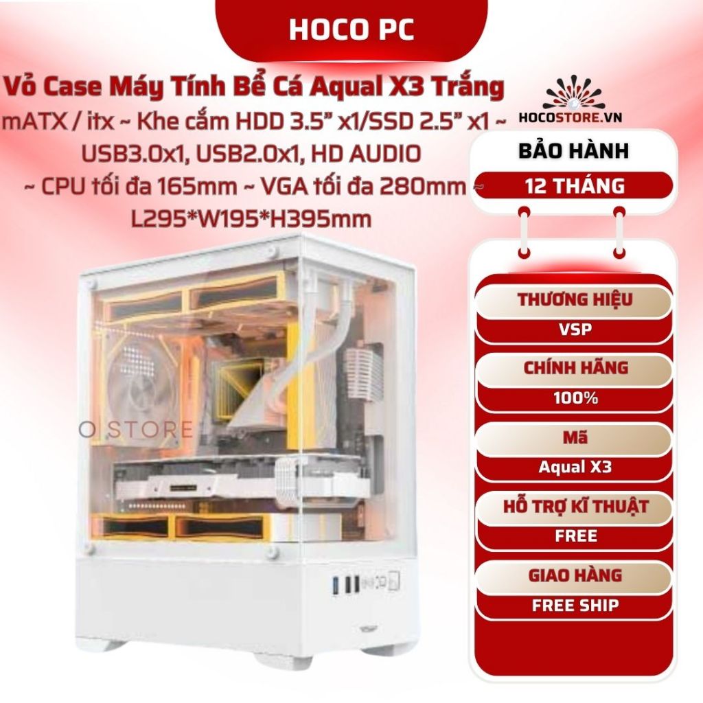 Vỏ Case Bể Cá VSP Aqual X3 Trắng mATX / ITX Kèm FAN l Hoco PC