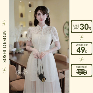  Đầm ren thiết kế khuy ngọc buộc nơ cổ phối lưới hở chân váy tay bồng cổ có đệm ngực tiểu thư 