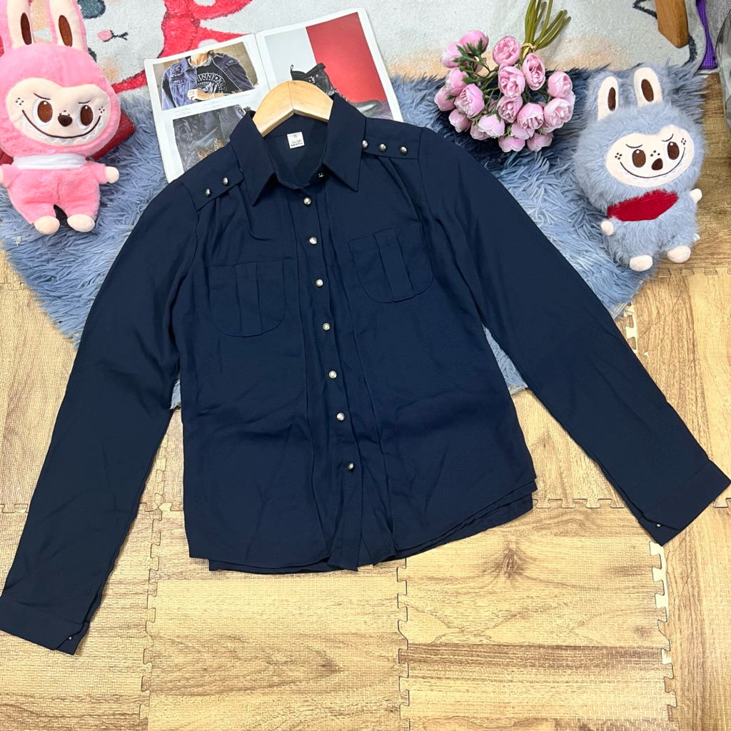Áo sơ mi voan xanh đen si Hàn size S (N92 D61)