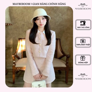  MAYBEROOM® Set dạ Thu Đông Tweed Hồng nhạt có nhũ tiểu thư Lucinda | Set Blazer Váy Dạ Hồng Cao Cấp 