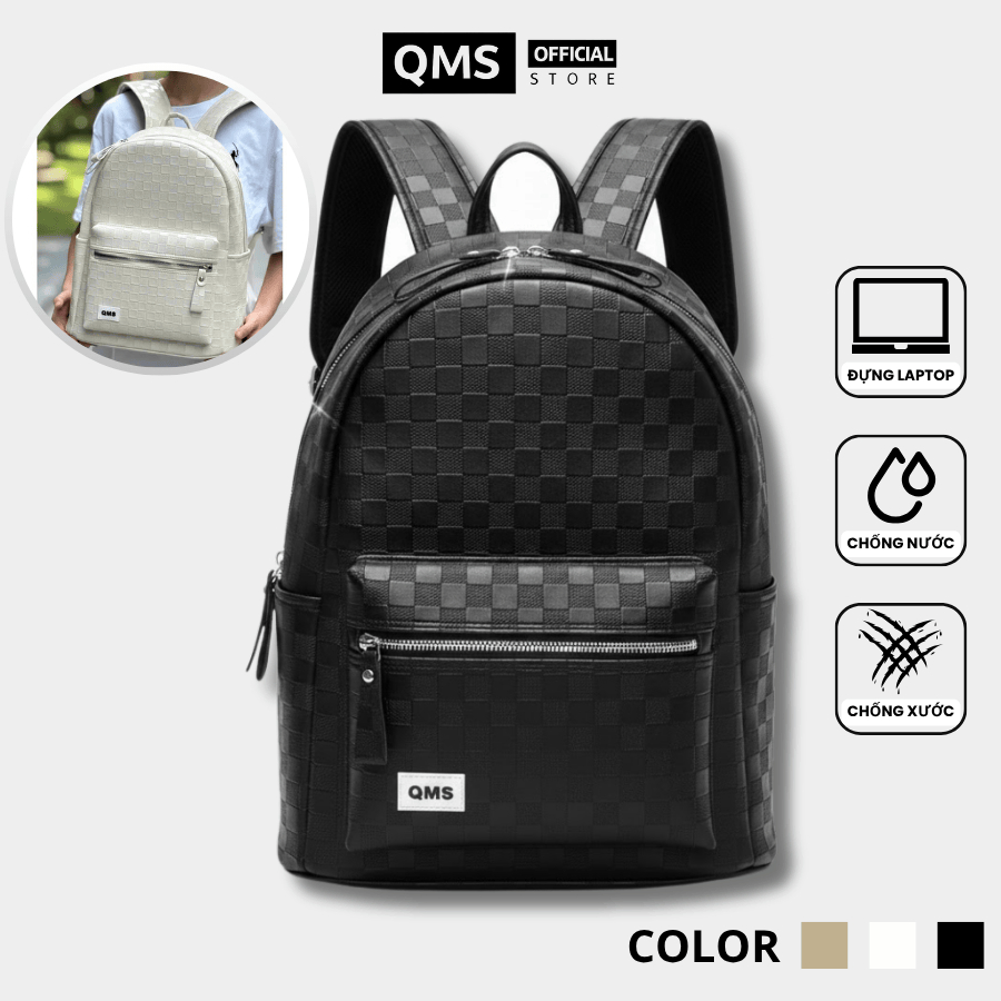 Balo Da, Cặp Da PU QMS Sọc Vân Caro Cao Cấp Chống Nước Nhiều Ngăn Đựng Được Laptop – QMS Balo