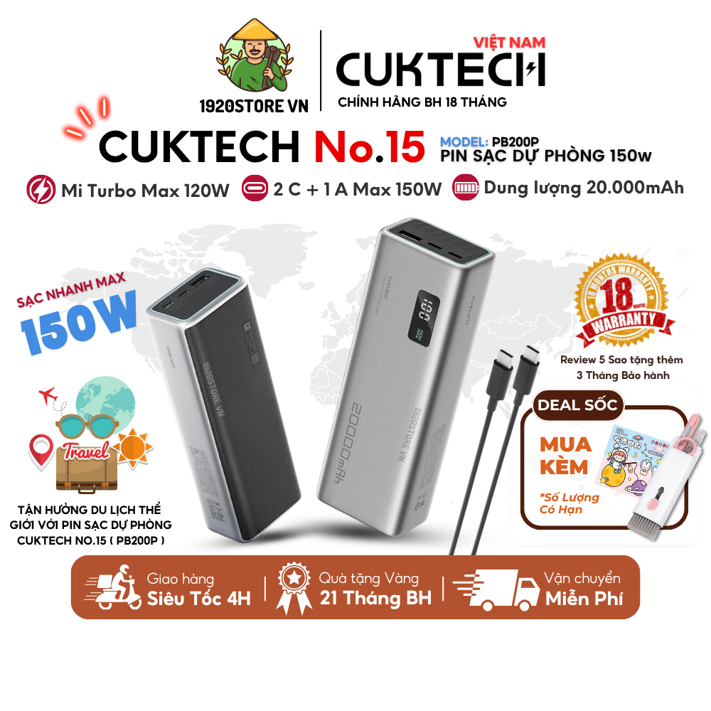Sạc Dự Phòng CUKTECH 15 - PB200P, Sạc Nhanh 2C1A 150W, Mi Turbo 120W, Dung Lượng 20000mAh - Chính Hã